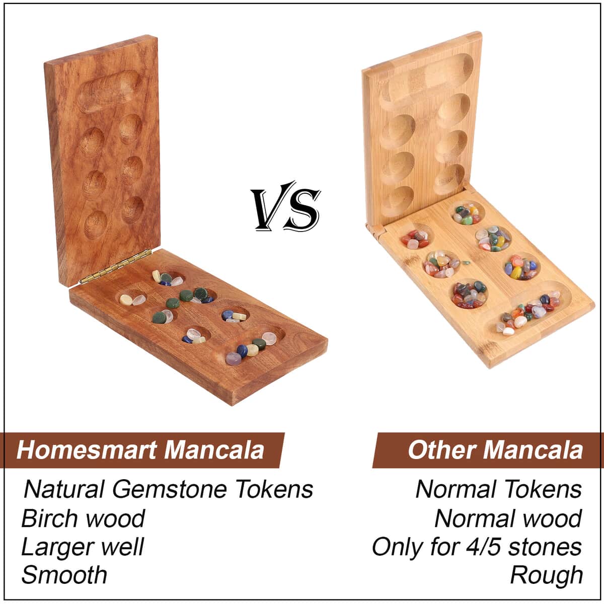 Homesmart Mancala Wooden Game with Rose Quartz, Green Aventurine, Amethyst, Pearl, Lapis Lazuli Gemstone Tokens image number 4
