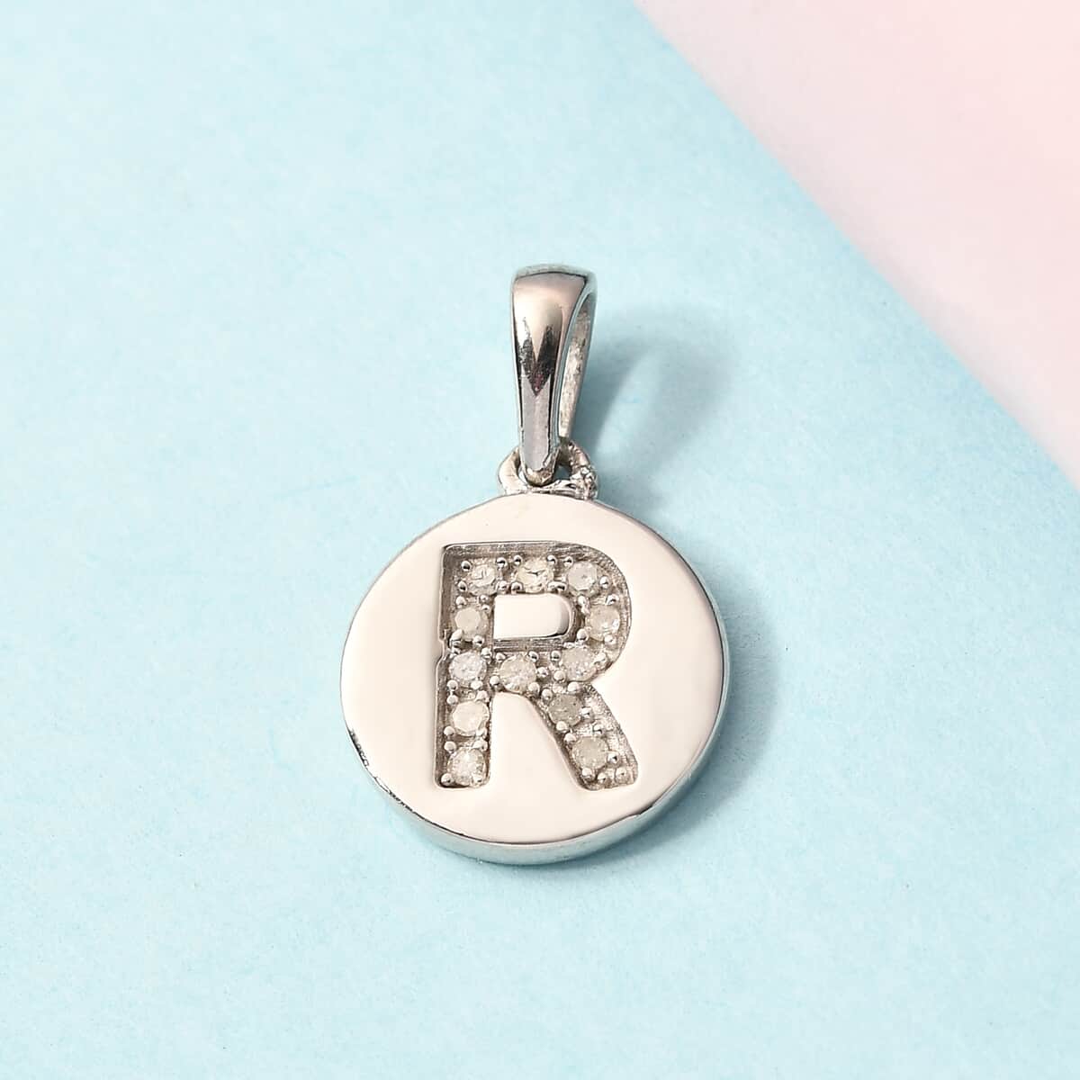 Lolos Exclusive Pick's Diamond Initial R Pendant in Platinum Over Sterling Silver 0.07 ctw image number 1