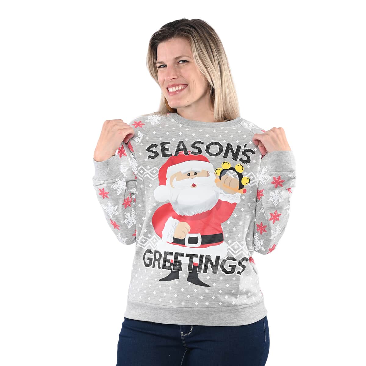 Santa Seasons Greeting Holiday Sweatshirt - L , Women's Polyester Sweatshirt , Ladies Cute Sweatshirt image number 0