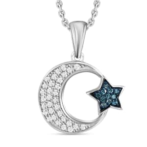 Blue Diamond (IR), Diamond Crescent Moon and Star Pendant Necklace (20 Inches) in Rhodium & Platinum Over Sterling Silver 0.25 ctw