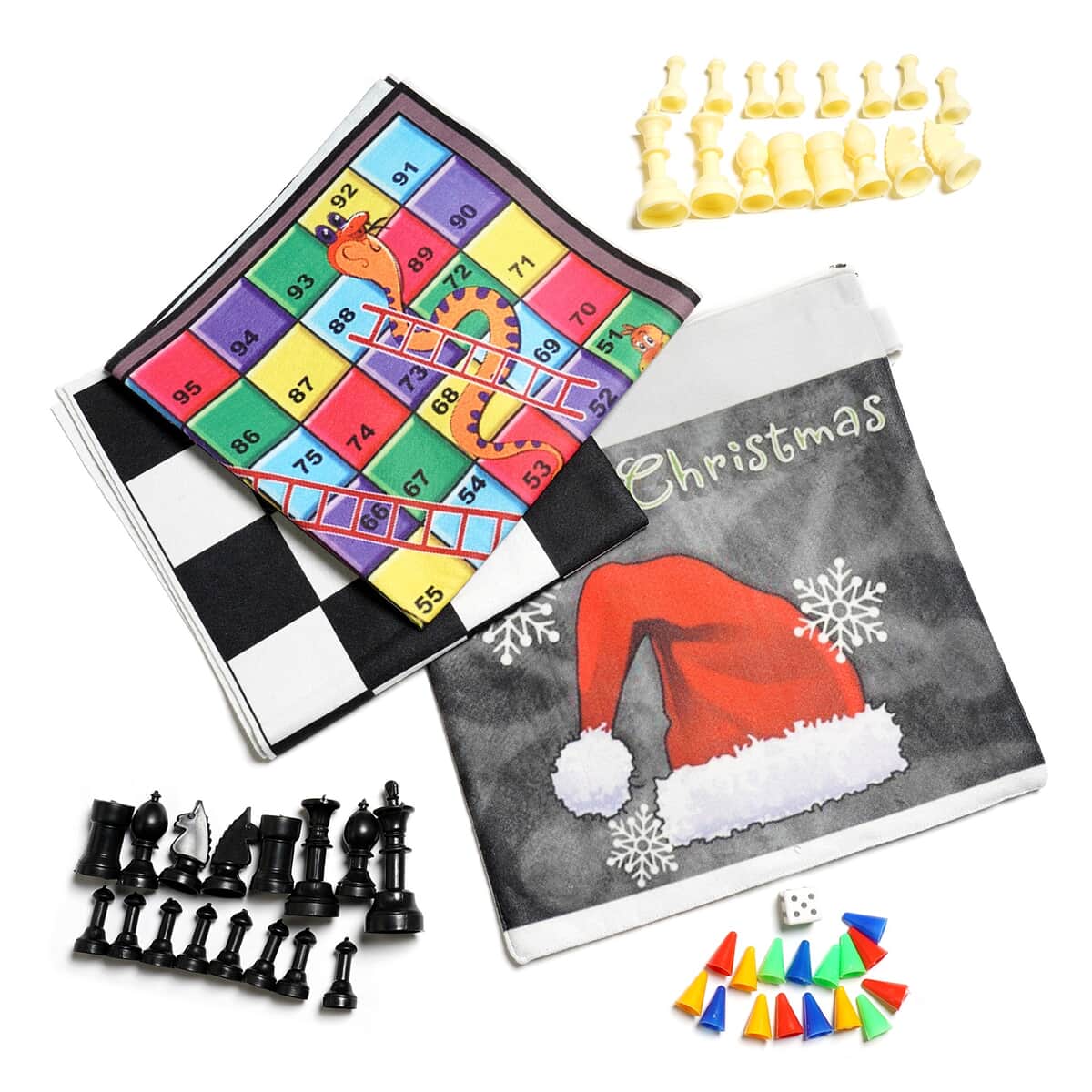 Set of 2 Polyester Chess, Snake and Ladder Printed Board Games Mat with Token and Bag image number 0