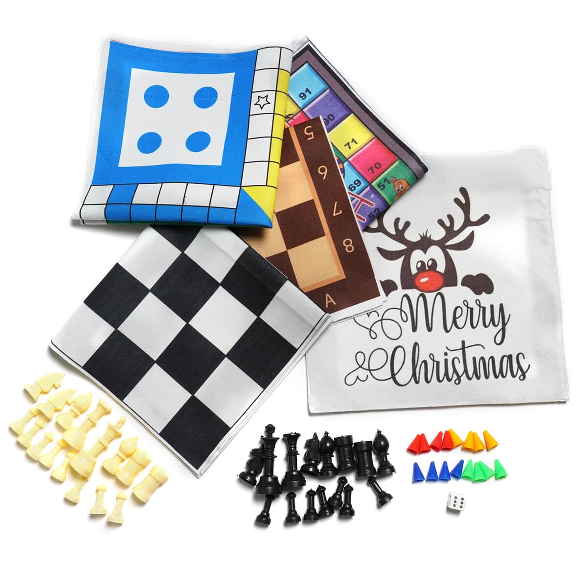 Set of 4 Polyester Chess, Snake, Ladder, Ludo and Checker Printed Board Games Mat with Token and Bag image number 0