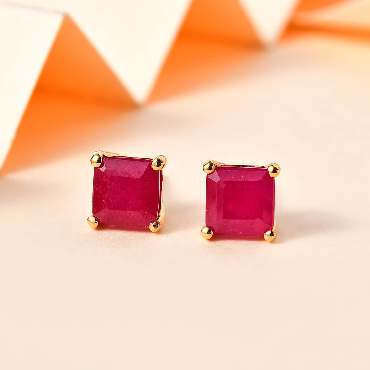 Asscher Cut Niassa Ruby (FF) Earrings in 14K Yellow Gold Over Sterling Silver 3.30 ctw image number 1