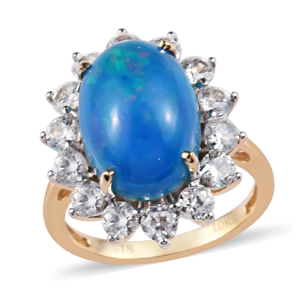 10K Yellow Gold AAA Miami Blue Welo Opal and Zircon Floral Ring (Size 10.0) 6.50 ctw image number 0