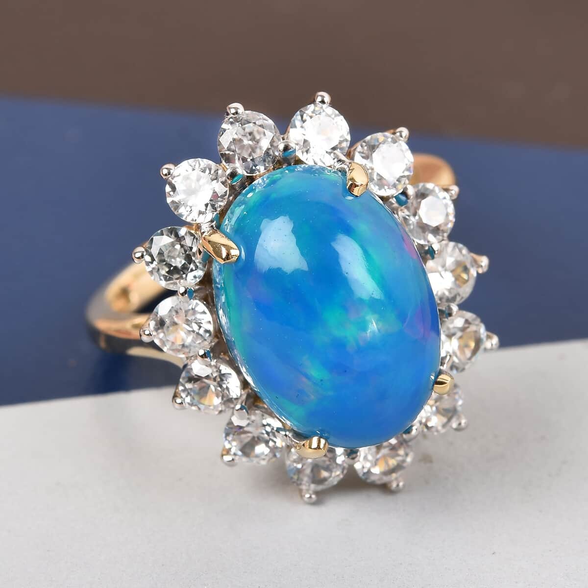 10K Yellow Gold AAA Miami Blue Welo Opal and Zircon Floral Ring 6.50 ctw image number 1