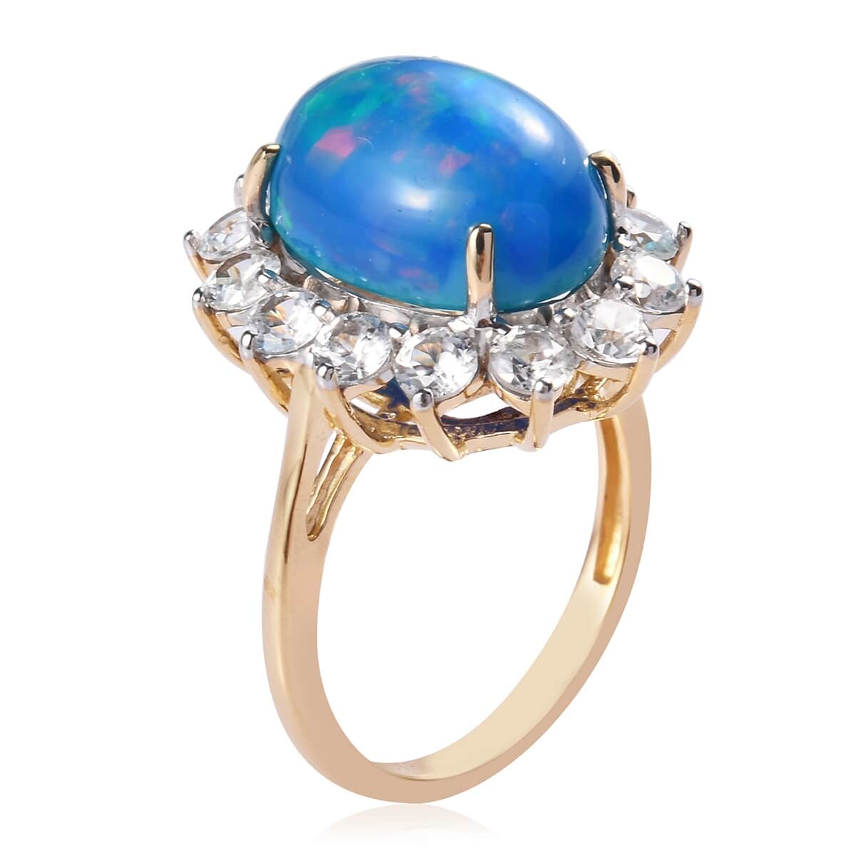 10K Yellow Gold AAA Miami Blue Welo Opal and Zircon Floral Ring 6.50 ctw image number 3