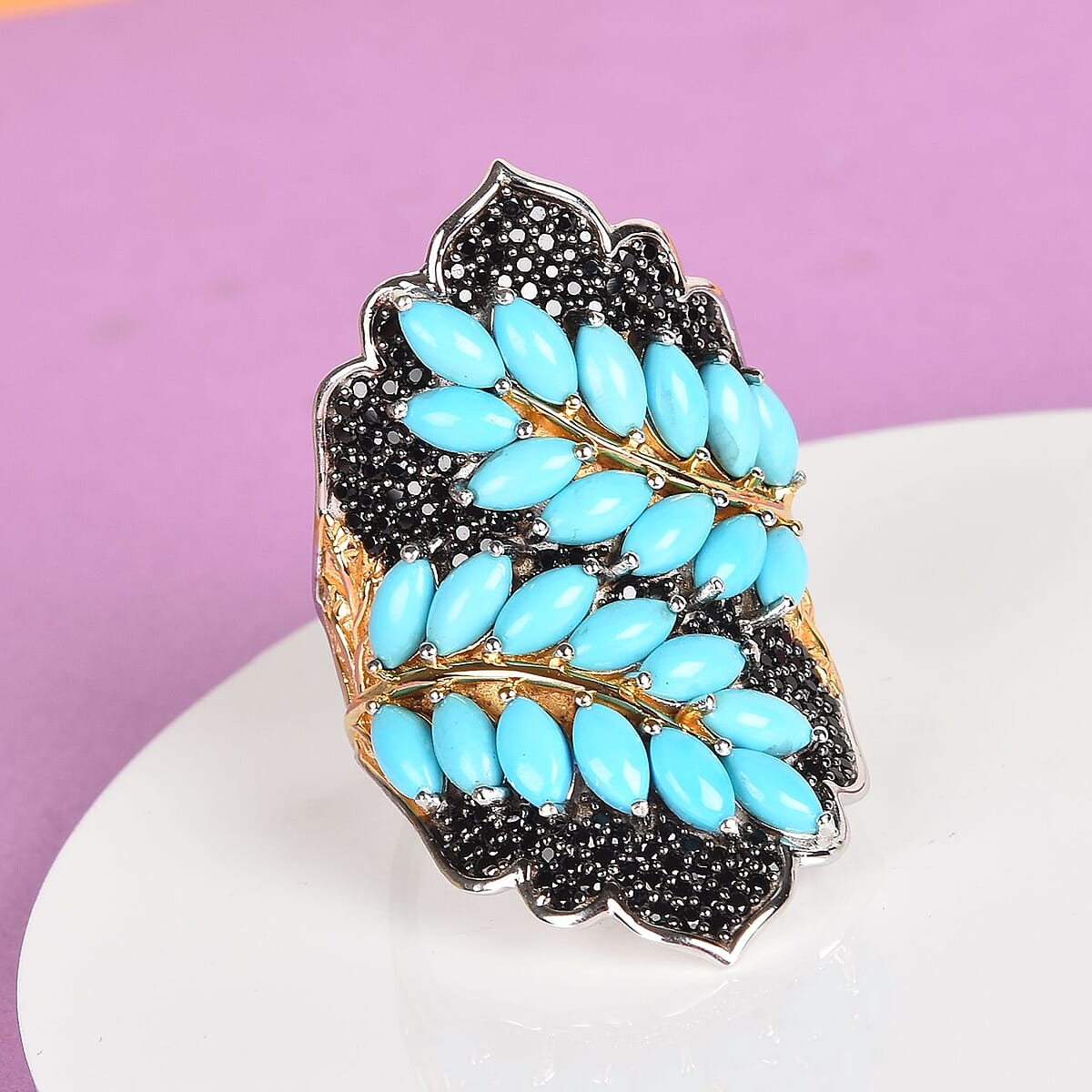 Sleeping Beauty Turquoise, Thai Black Spinel Leaf Wrap Statement Ring in Vermeil YG and Platinum Over Sterling Silver (Size 8.0) 13.40 Grams 7.75 ctw image number 1