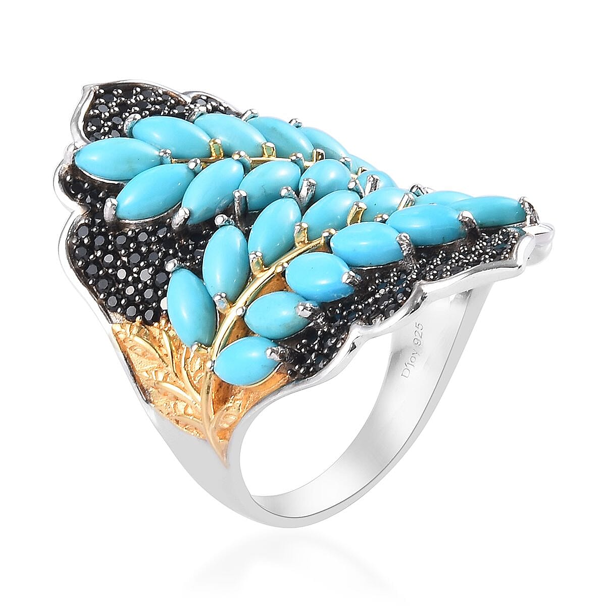 Sleeping Beauty Turquoise, Thai Black Spinel Leaf Wrap Statement Ring in Vermeil YG and Platinum Over Sterling Silver (Size 8.0) 13.40 Grams 7.75 ctw image number 3
