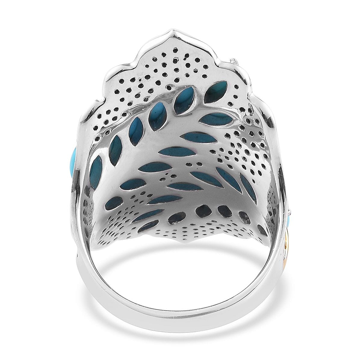 Sleeping Beauty Turquoise, Thai Black Spinel Leaf Wrap Statement Ring in Vermeil YG and Platinum Over Sterling Silver (Size 8.0) 13.40 Grams 7.75 ctw image number 4