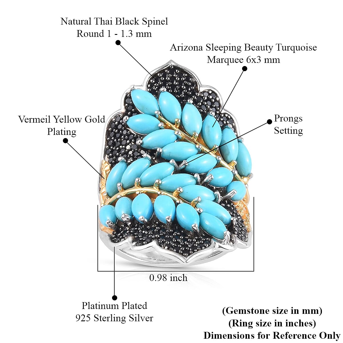 Sleeping Beauty Turquoise, Thai Black Spinel Leaf Wrap Statement Ring in Vermeil YG and Platinum Over Sterling Silver (Size 8.0) 13.40 Grams 7.75 ctw image number 5