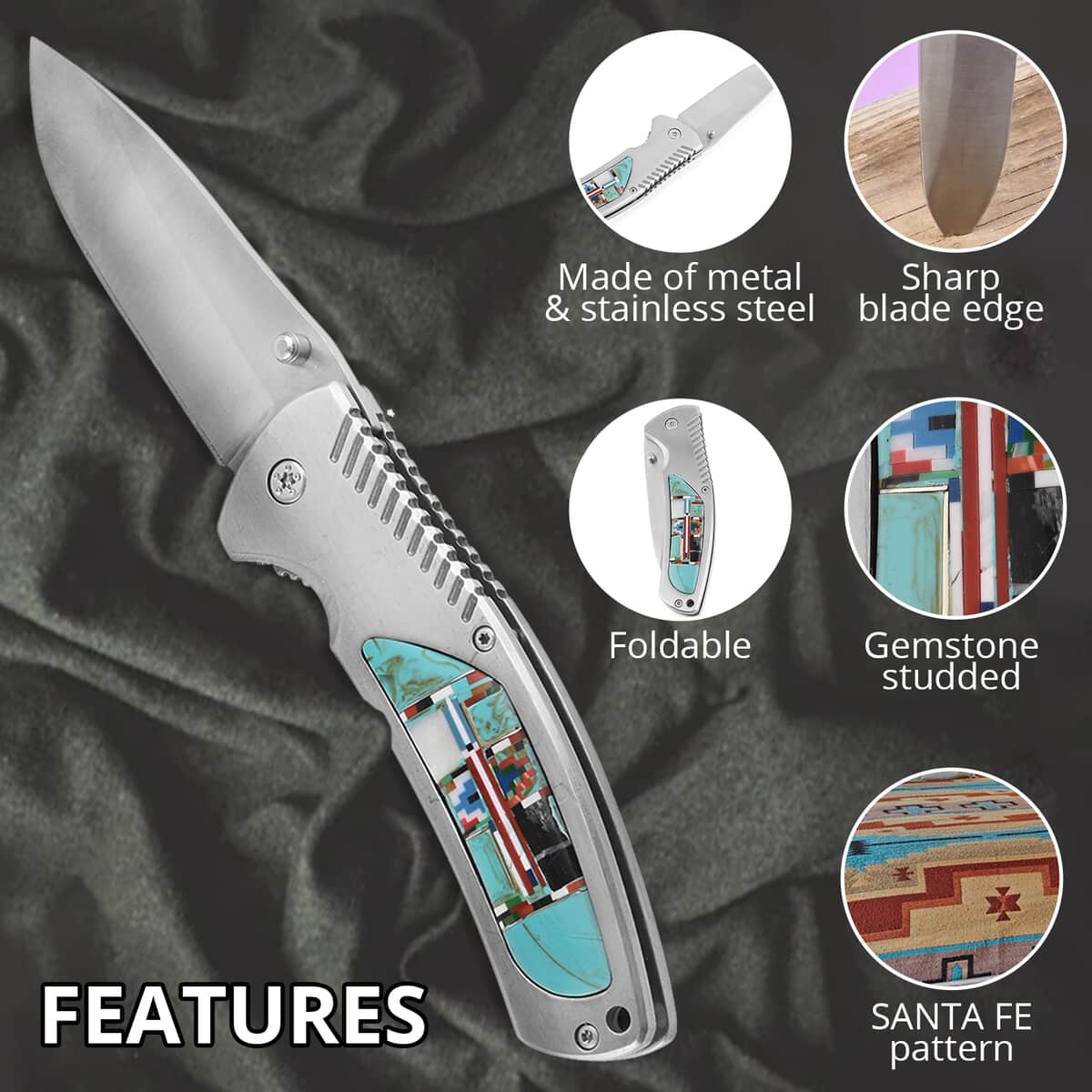 Santa Fe Style Multi Gemstone Folding Pocket Knife with Belt Clip 25cts image number 2