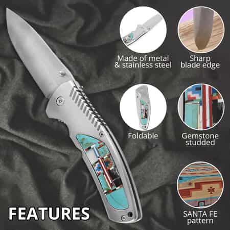 Santa Fe Style Multi Gemstone Folding Pocket Knife with Belt Clip 25cts image number 2