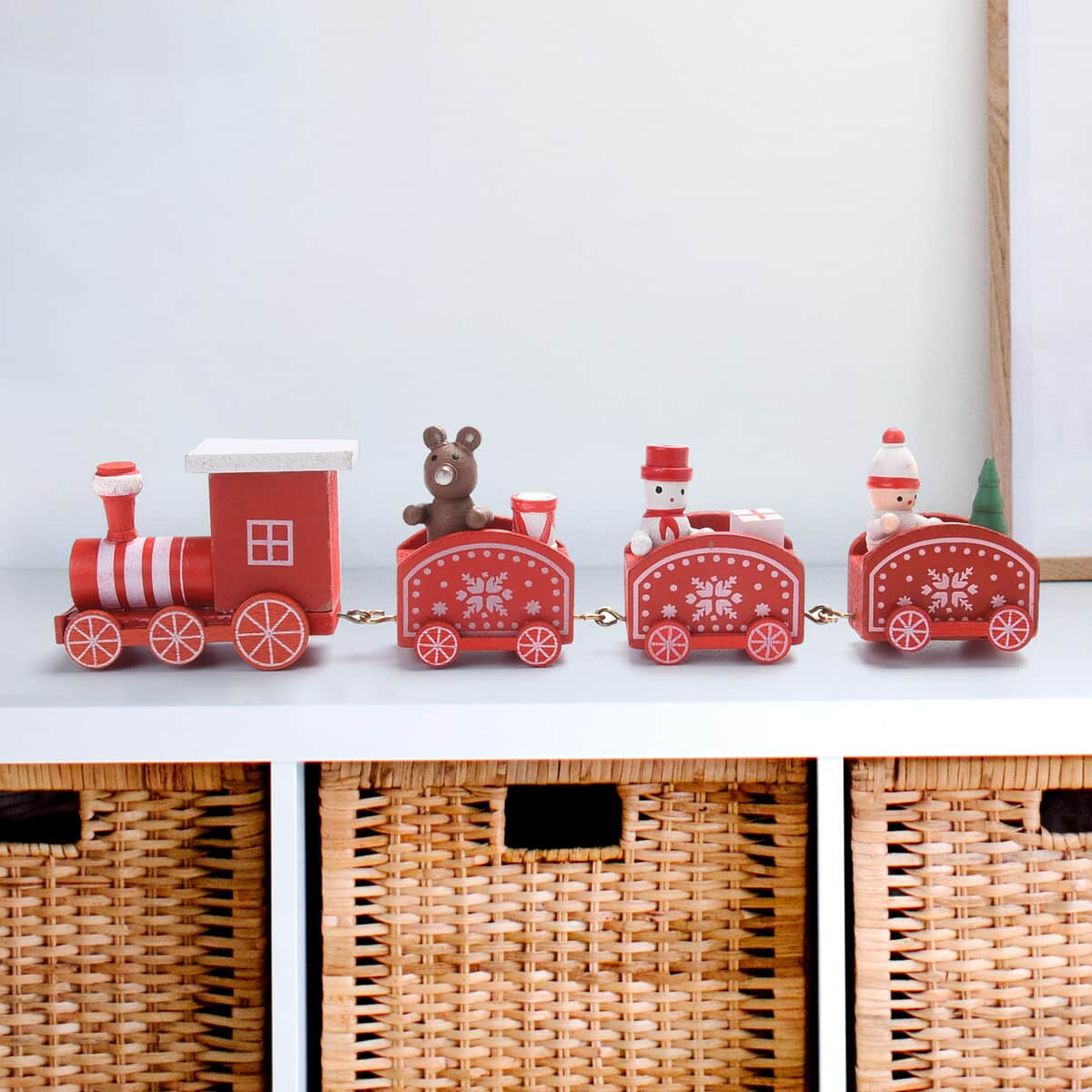 Red Snow Print Christmas Themed Wooden Mini Train Ornaments image number 1