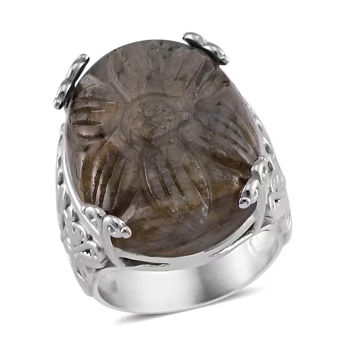 Hand Carved Malagasy Labradorite Dragon Flower Ring in Stainless Steel (Size 6.0) 11.65 ctw image number 0