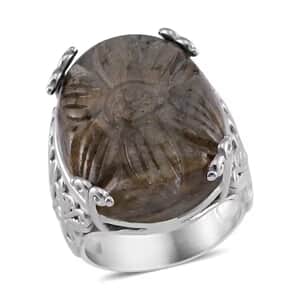 Hand Carved Malagasy Labradorite Dragon Flower Ring in Stainless Steel (Size 6.0) 11.65 ctw