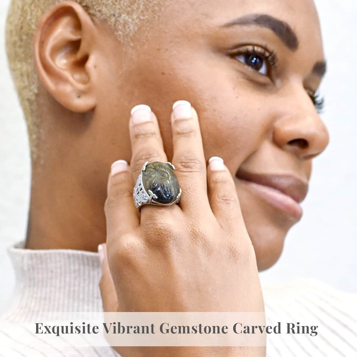 Hand Carved Malagasy Labradorite Dragon Flower Ring in Stainless Steel (Size 6.0) 11.65 ctw image number 1