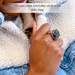 Hand Carved Malagasy Labradorite Dragon Flower Ring in Stainless Steel (Size 6.0) 11.65 ctw