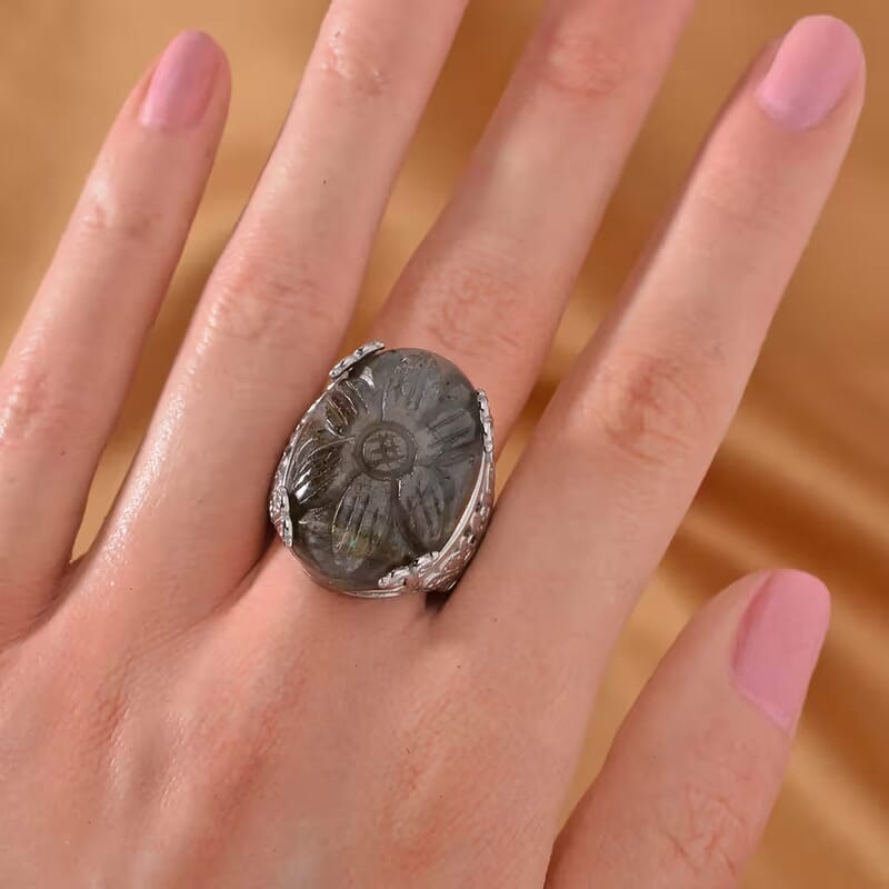 Hand Carved Malagasy Labradorite Dragon Flower Ring in Stainless Steel (Size 6.0) 11.65 ctw