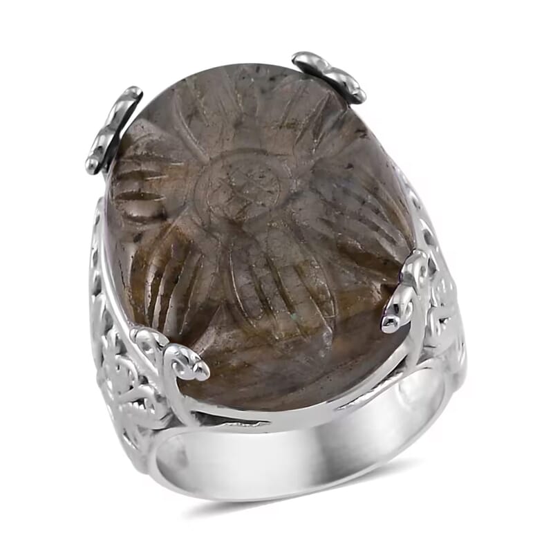 Hand Carved Malagasy Labradorite Dragon Flower Ring in Stainless Steel (Size 8.0) 11.65 ctw
