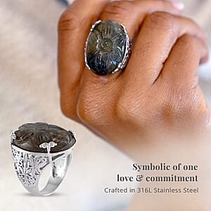 Hand Carved Malagasy Labradorite Dragon Flower Ring in Stainless Steel (Size 8.0) 11.65 ctw