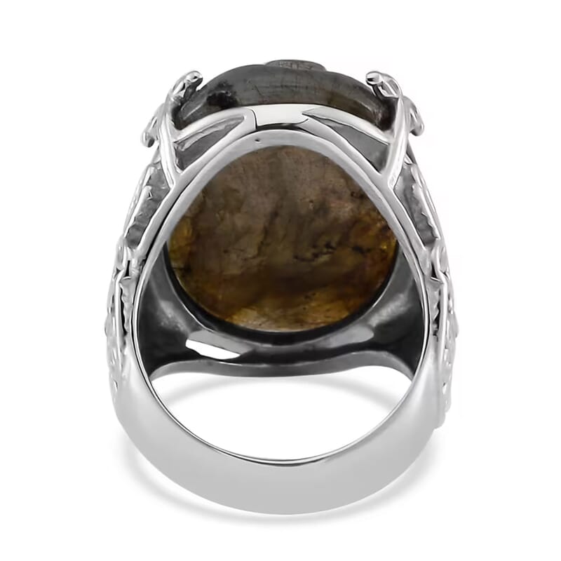 Hand Carved Malagasy Labradorite Dragon Flower Ring in Stainless Steel (Size 8.0) 11.65 ctw