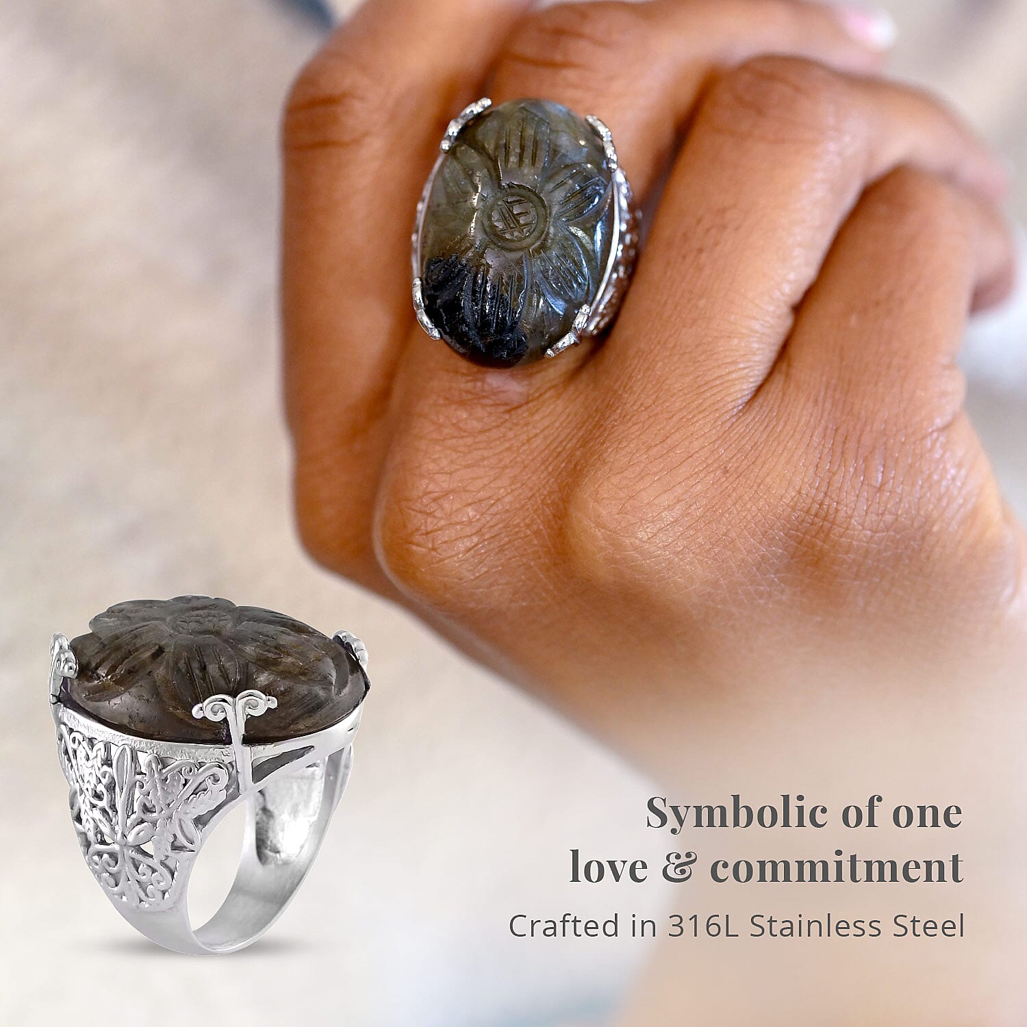 Hand Carved Malagasy Labradorite Dragon Flower Ring in Stainless Steel (Size 9.0) 11.65 ctw