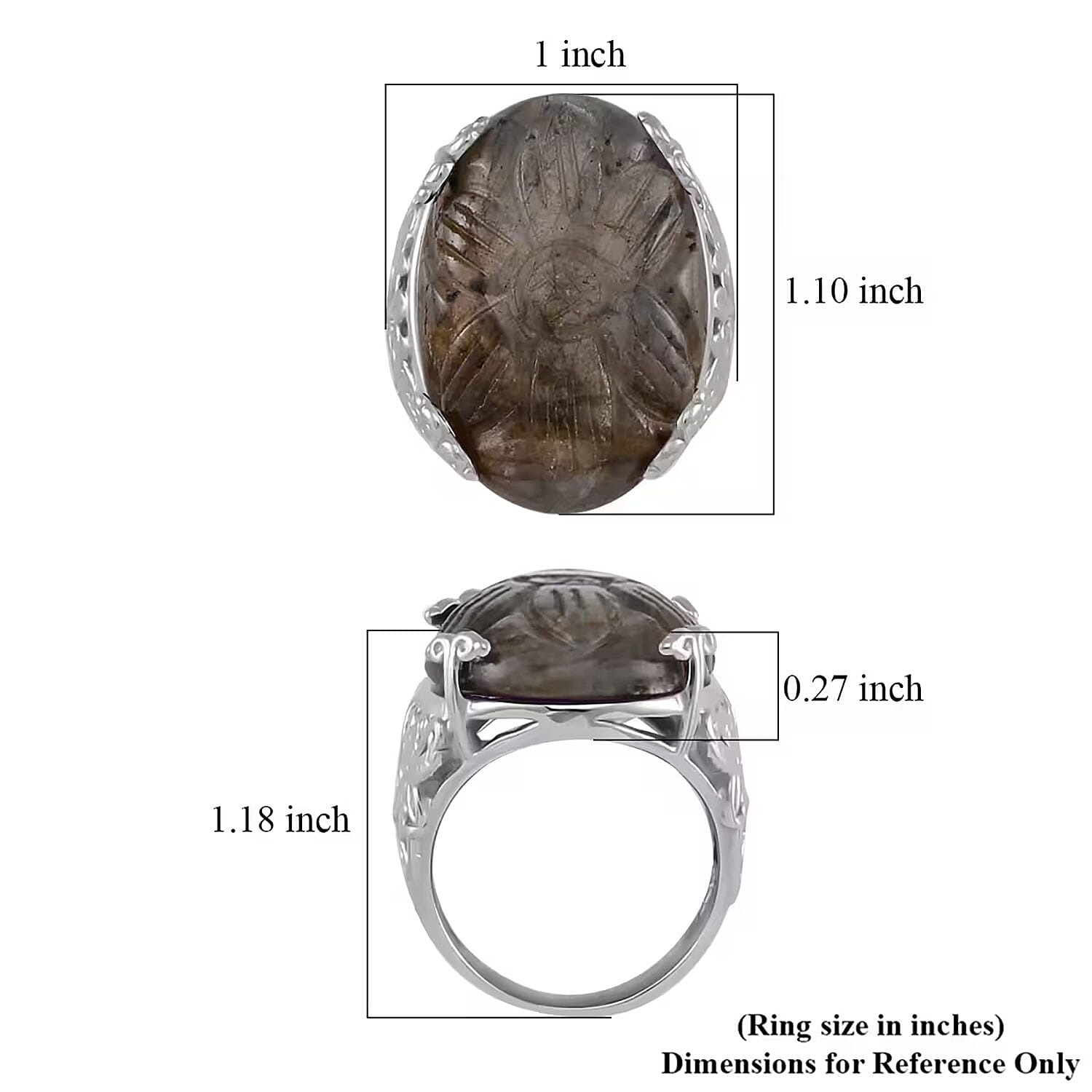 Hand Carved Malagasy Labradorite Dragon Flower Ring in Stainless Steel (Size 9.0) 11.65 ctw