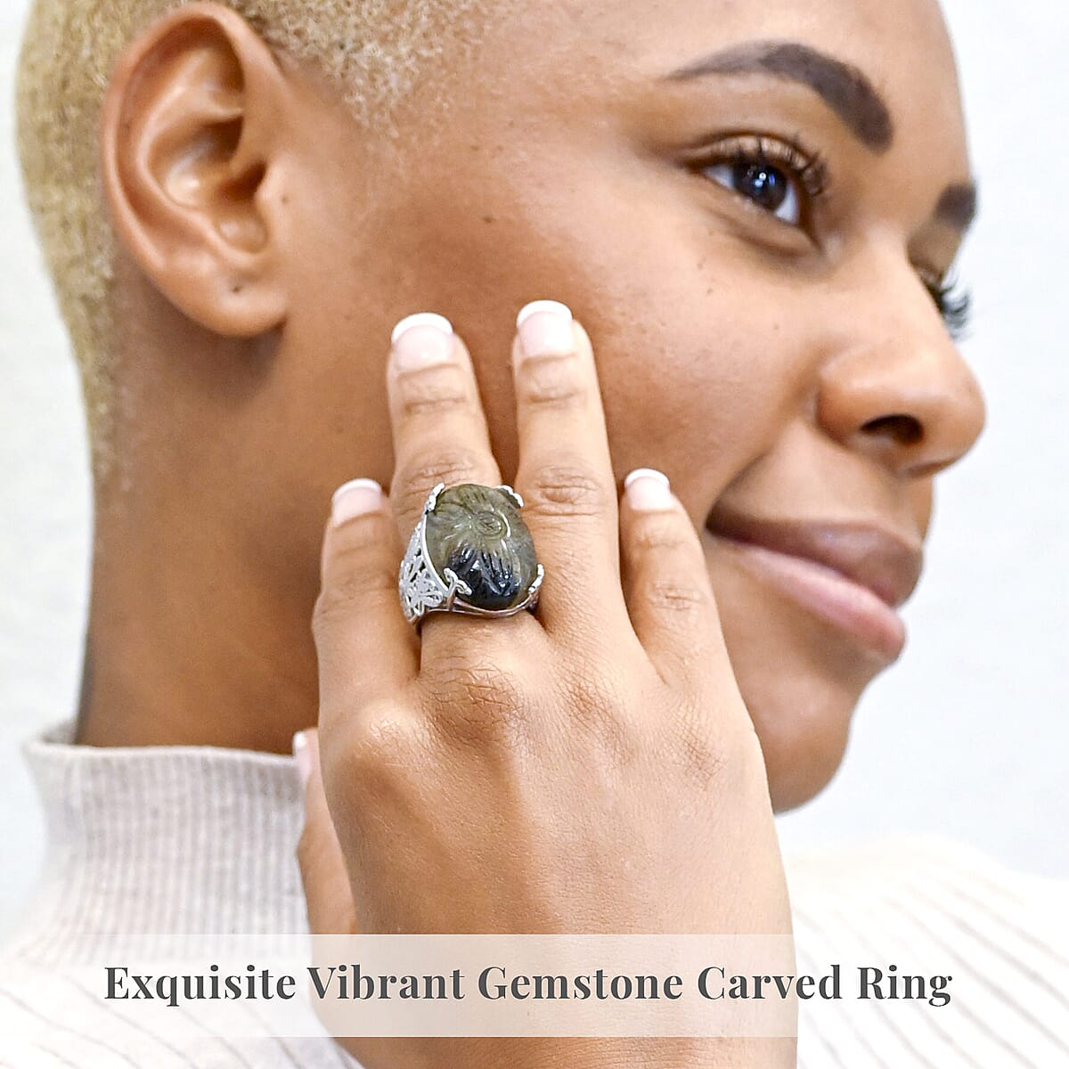 Hand Carved Malagasy Labradorite Dragon Flower Ring in Stainless Steel (Size 10.0) 11.65 ctw image number 1