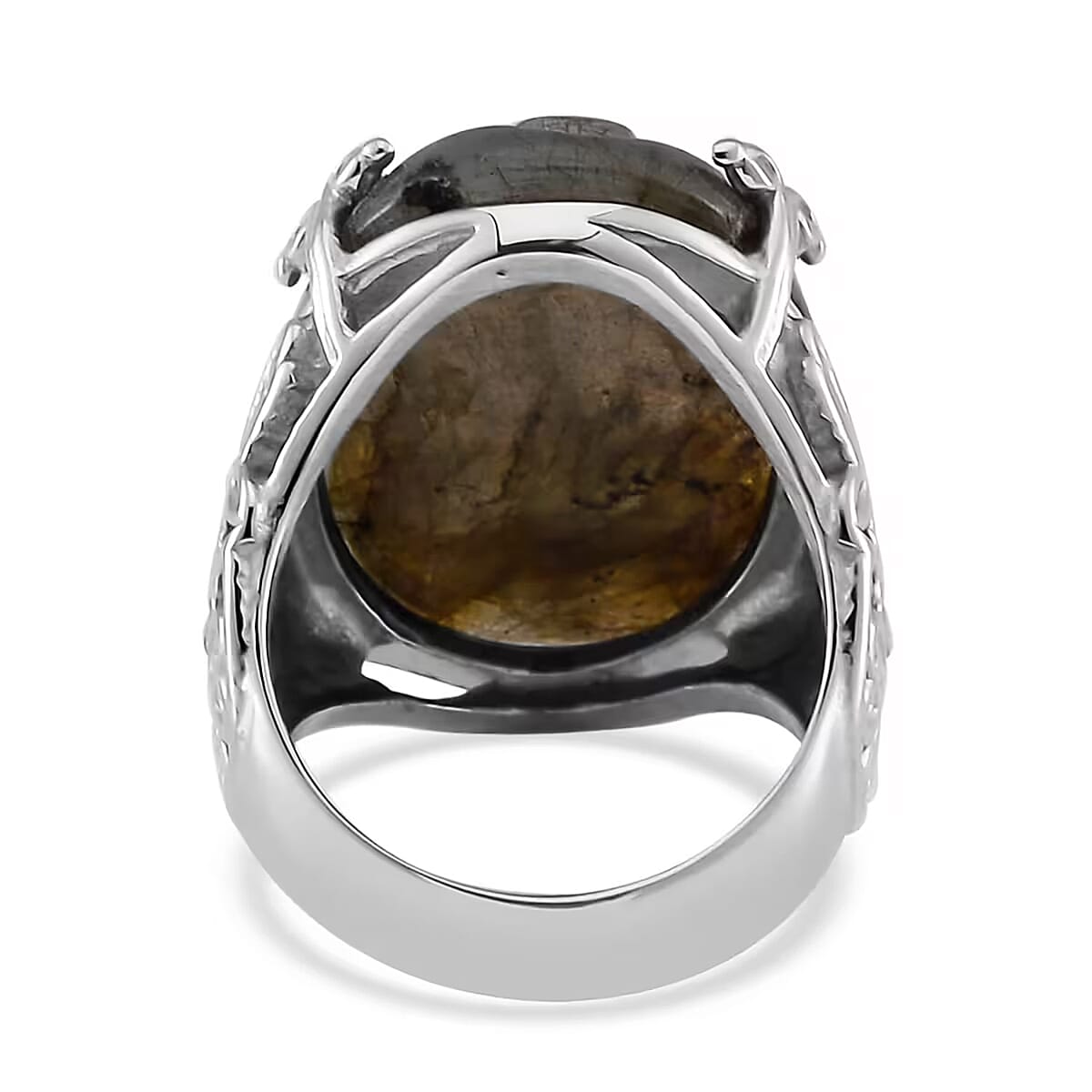 Hand Carved Malagasy Labradorite Dragon Flower Ring in Stainless Steel (Size 10.0) 11.65 ctw image number 5