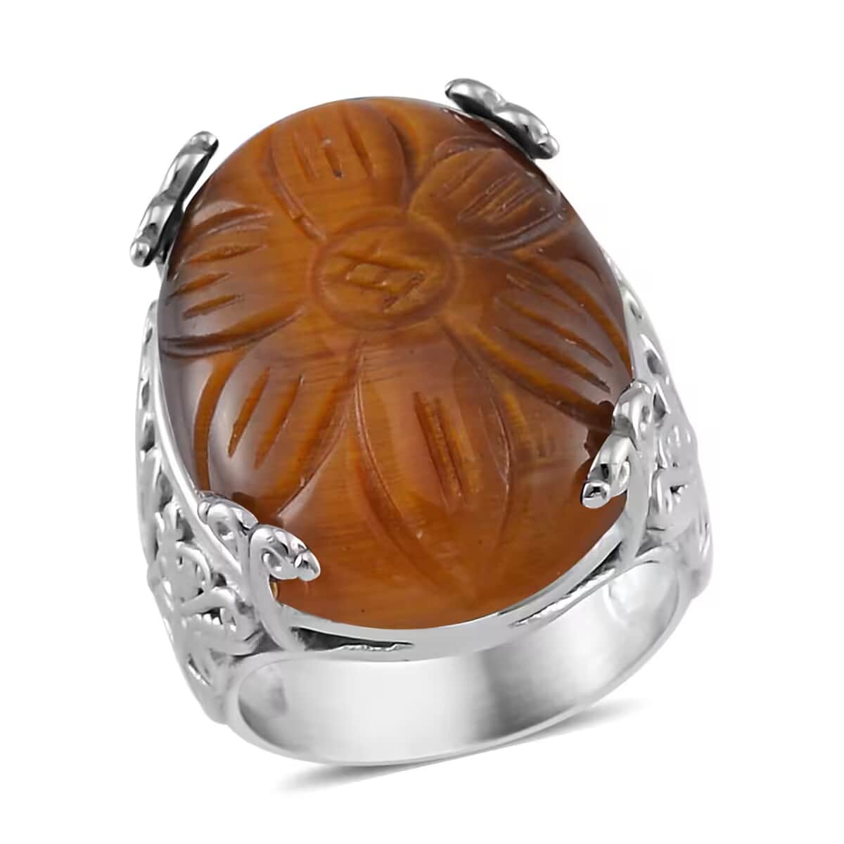 Yellow Tiger's Eye Carved Ring in Stainless Steel (Size 6.0) 12.95 ctw image number 0