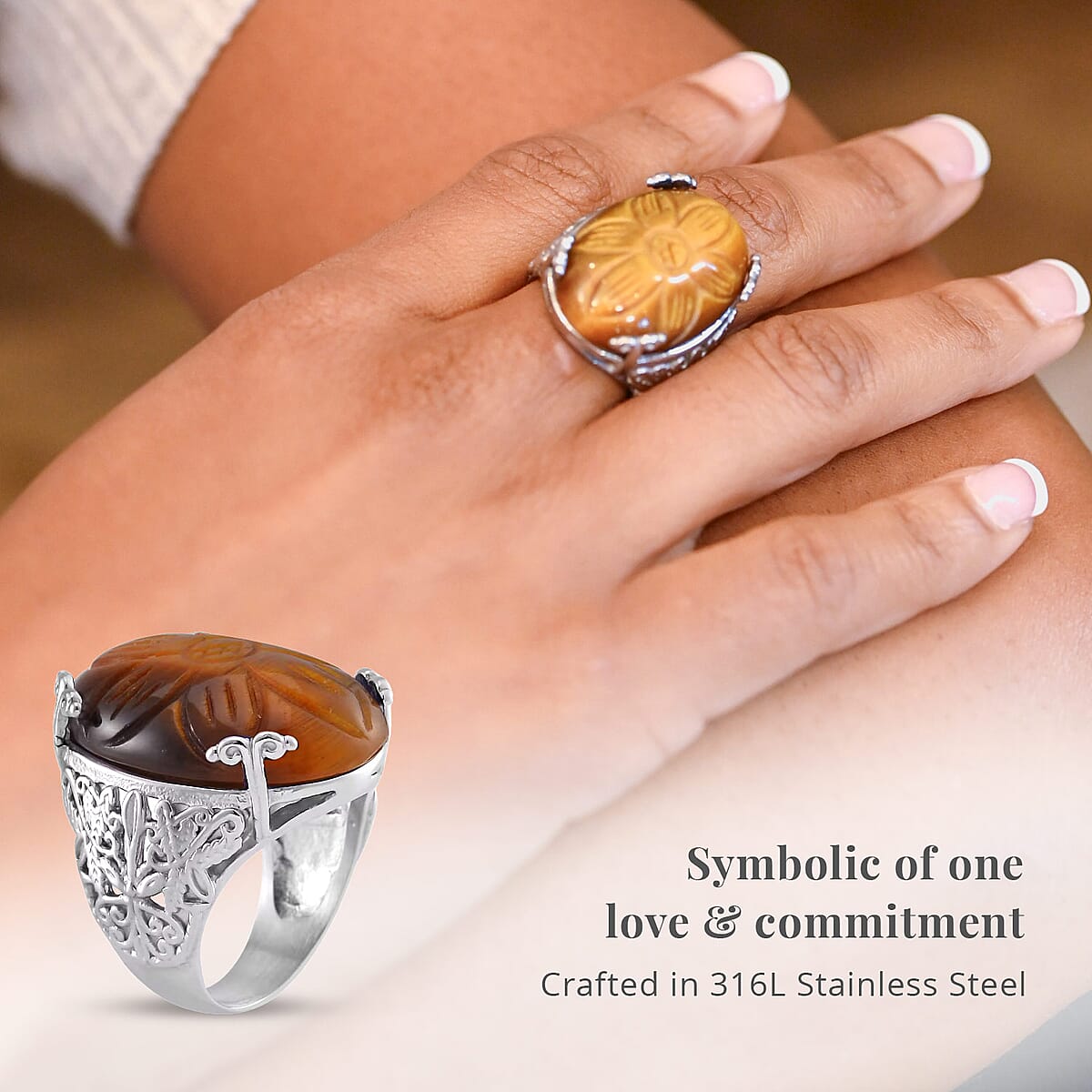 Hand Carved Yellow Tiger's Eye Dragon Flower Ring in Stainless Steel (Size 7.0) 12.95 ctw image number 2