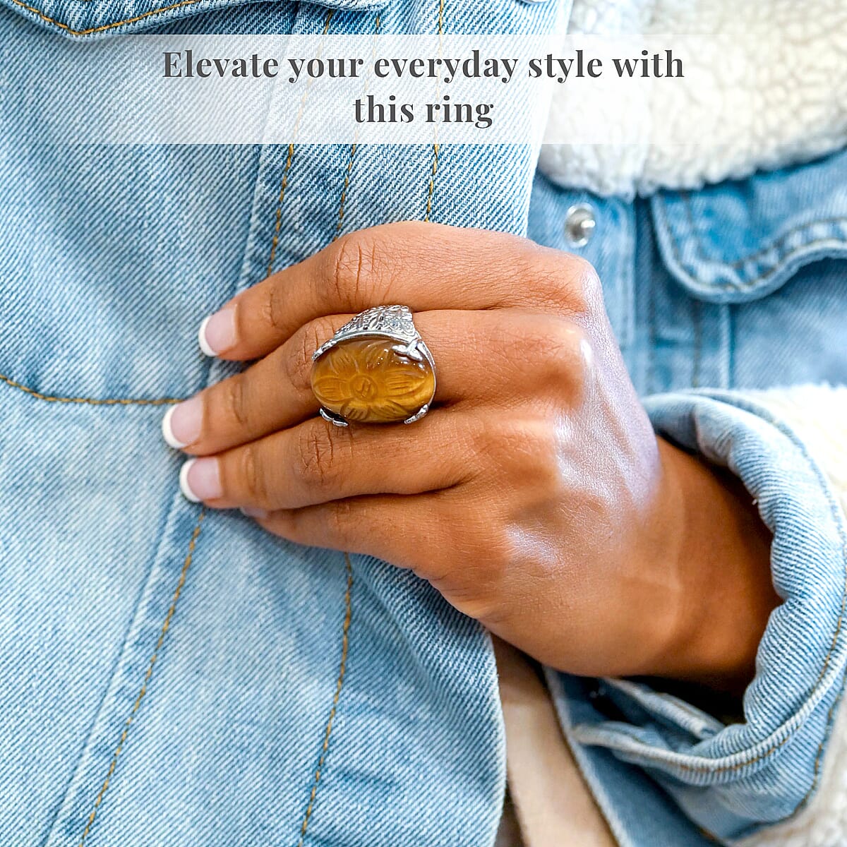 Hand Carved Yellow Tiger's Eye Dragon Flower Ring in Stainless Steel (Size 7.0) 12.95 ctw image number 3