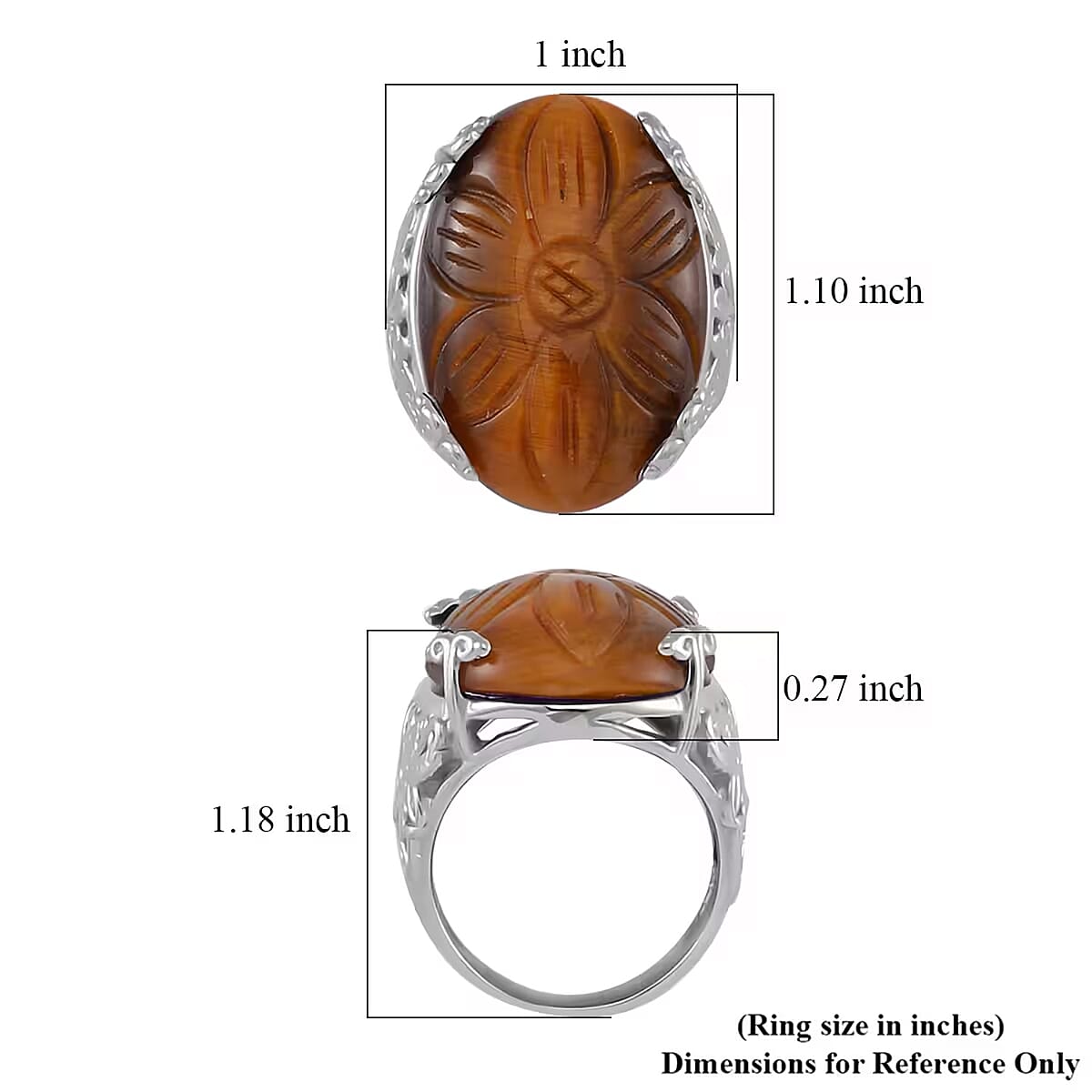 Hand Carved Yellow Tiger's Eye Dragon Flower Ring in Stainless Steel (Size 7.0) 12.95 ctw image number 6