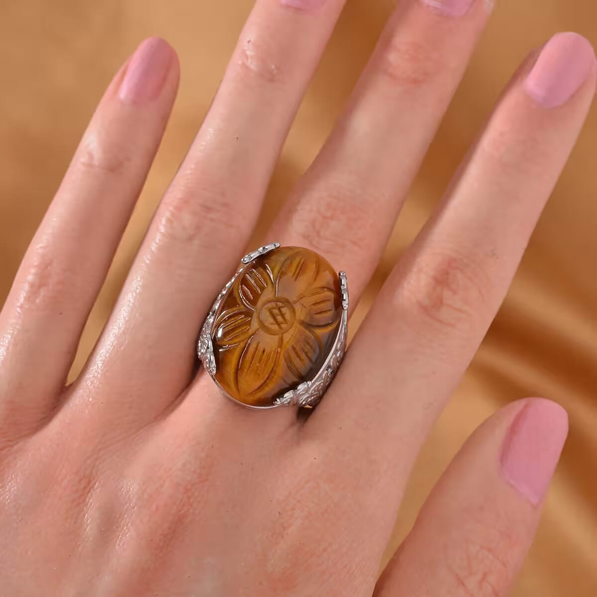 Hand Carved Yellow Tiger's Eye Dragon Flower Ring in Stainless Steel (Size 10.0) 12.95 ctw image number 6
