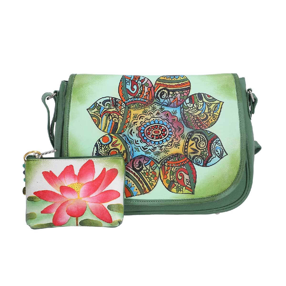 Mother’s Day Gift Set of 3, SUKRITI Teal Paisley Lotus Flower Pattern 100% Genuine Leather Crossbody Bag, Coin Pouch and Key Chain image number 0