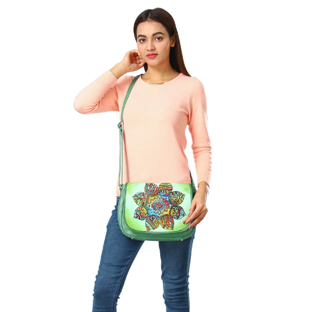 Mother’s Day Gift Set of 3, SUKRITI Teal Paisley Lotus Flower Pattern 100% Genuine Leather Crossbody Bag, Coin Pouch and Key Chain image number 1