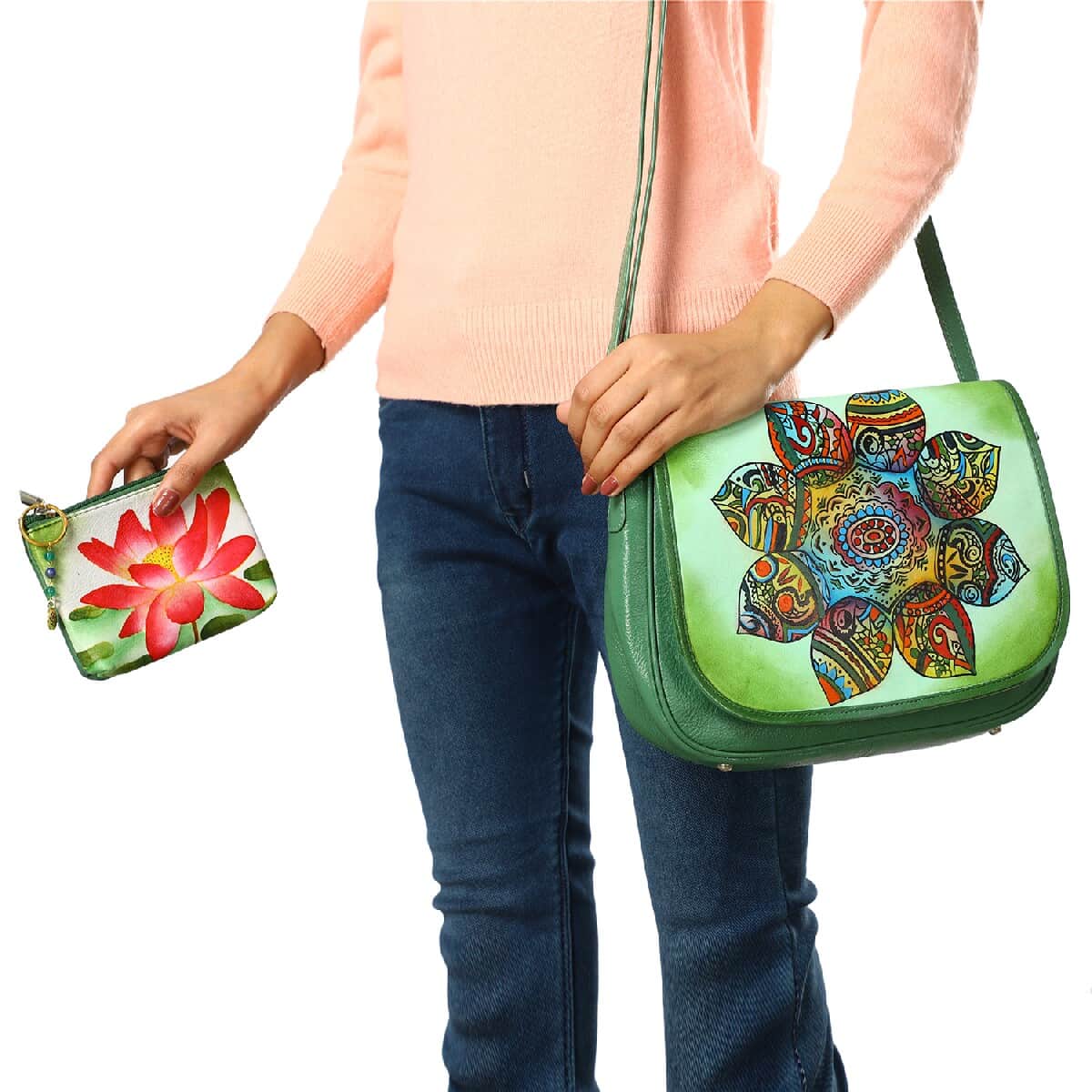 Mother’s Day Gift Set of 3, SUKRITI Teal Paisley Lotus Flower Pattern 100% Genuine Leather Crossbody Bag, Coin Pouch and Key Chain image number 2