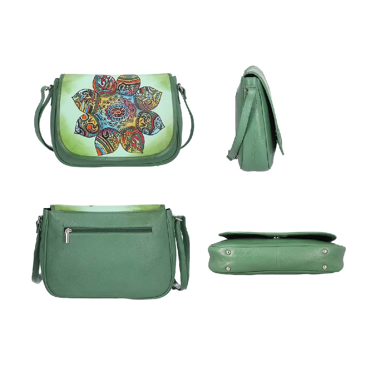 Mother’s Day Gift Set of 3, SUKRITI Teal Paisley Lotus Flower Pattern 100% Genuine Leather Crossbody Bag, Coin Pouch and Key Chain image number 3