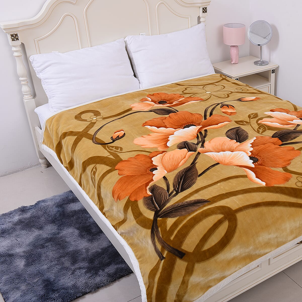 Homesmart 2 Ply Thick Raschel Faux Fur Khaki Flower Printed 1100 gsm Heavy Blanket (100% Microfiber) (Approx 8.8 lbs) image number 1