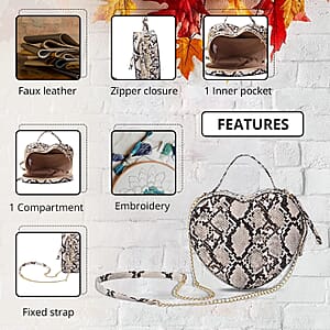 Khaki Snakeskin Patten Faux Leather Heart Shape Embroidery Crossbody Bag for Women, Crossbody Purse, Designer Crossbody, Shoulder Handbags