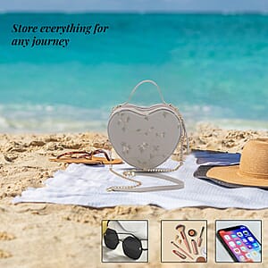 White Floral Pattern Faux Leather Heart Shape Embroidery Crossbody Bag for Women, Crossbody Purse, Designer Crossbody, Shoulder Handbags