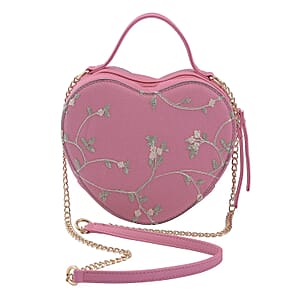 Peach Pink Floral Faux Leather Heart Shape Embroidery Crossbody Bag for Women, Crossbody Purse, Designer Crossbody, Shoulder Handbags
