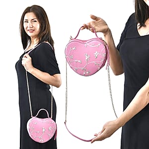 Peach Pink Floral Faux Leather Heart Shape Embroidery Crossbody Bag for Women, Crossbody Purse, Designer Crossbody, Shoulder Handbags