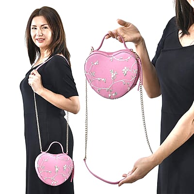 Peach Pink Floral Faux Leather Heart Shape Embroidery Crossbody Bag for Women, Crossbody Purse, Designer Crossbody, Shoulder Handbags