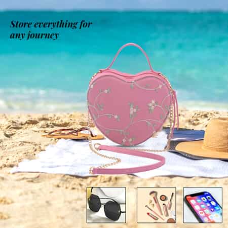 Peach Pink Floral Faux Leather Heart Shape Embroidery Crossbody Bag for Women, Crossbody Purse, Designer Crossbody, Shoulder Handbags image number 2