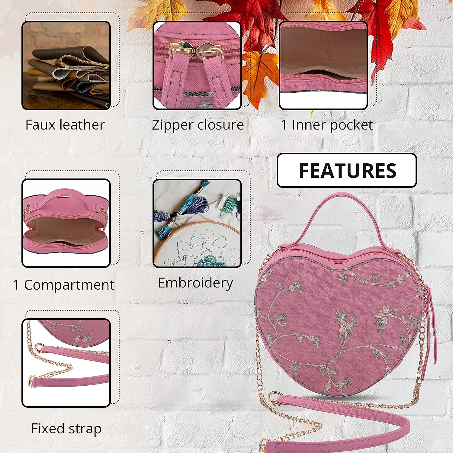 Peach Pink Floral Faux Leather Heart Shape Embroidery Crossbody Bag for Women, Crossbody Purse, Designer Crossbody, Shoulder Handbags