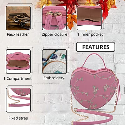 Peach Pink Floral Faux Leather Heart Shape Embroidery Crossbody Bag for Women, Crossbody Purse, Designer Crossbody, Shoulder Handbags