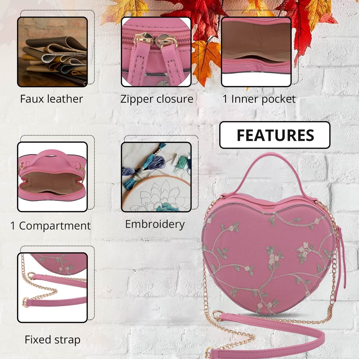 Peach Pink Floral Faux Leather Heart Shape Embroidery Crossbody Bag for Women, Crossbody Purse, Designer Crossbody, Shoulder Handbags image number 3