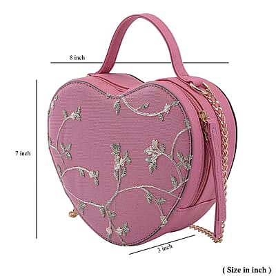 Peach Pink Floral Faux Leather Heart Shape Embroidery Crossbody Bag for Women, Crossbody Purse, Designer Crossbody, Shoulder Handbags