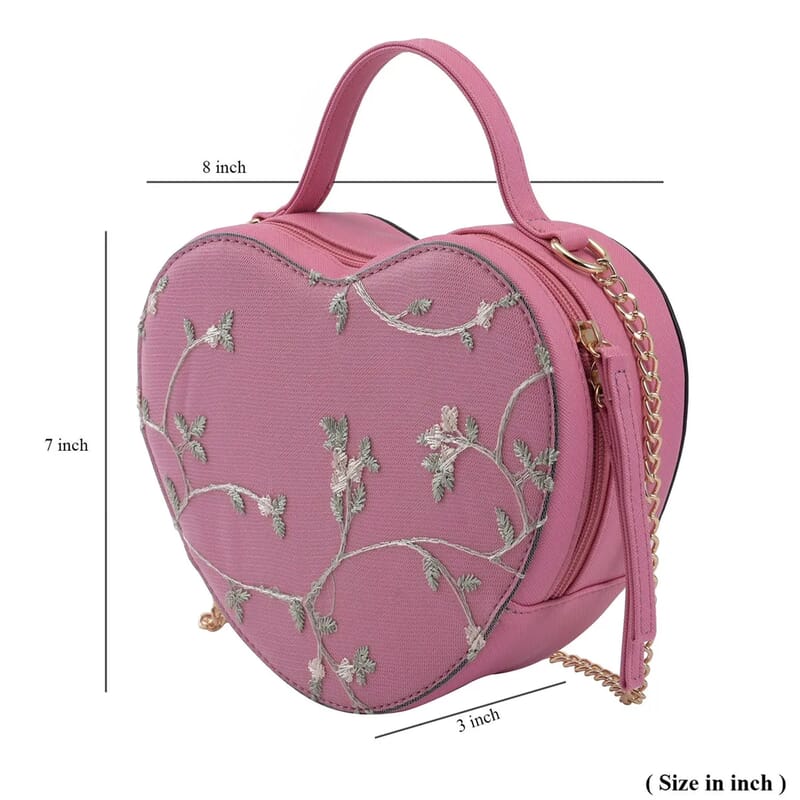 Peach Pink Floral Faux Leather Heart Shape Embroidery Crossbody Bag for Women, Crossbody Purse, Designer Crossbody, Shoulder Handbags